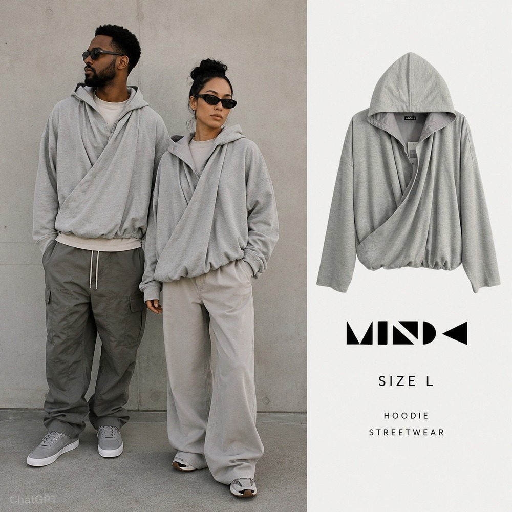 Mind-Less Najara Wrap Top Unisex L Grey Oversized Avant-Garde Hoodie Sweatshirt